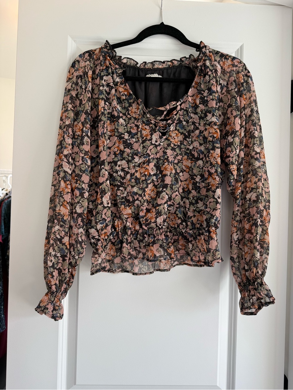 American Eagle Outfitters Floral Ruffled Blouse in Pink and Black